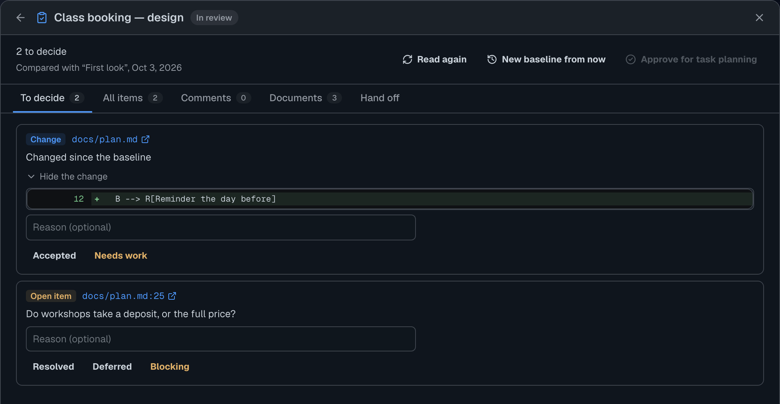 Project Review after the agent edited the plan: one added line in the booking flow, and an open question waiting for a decision