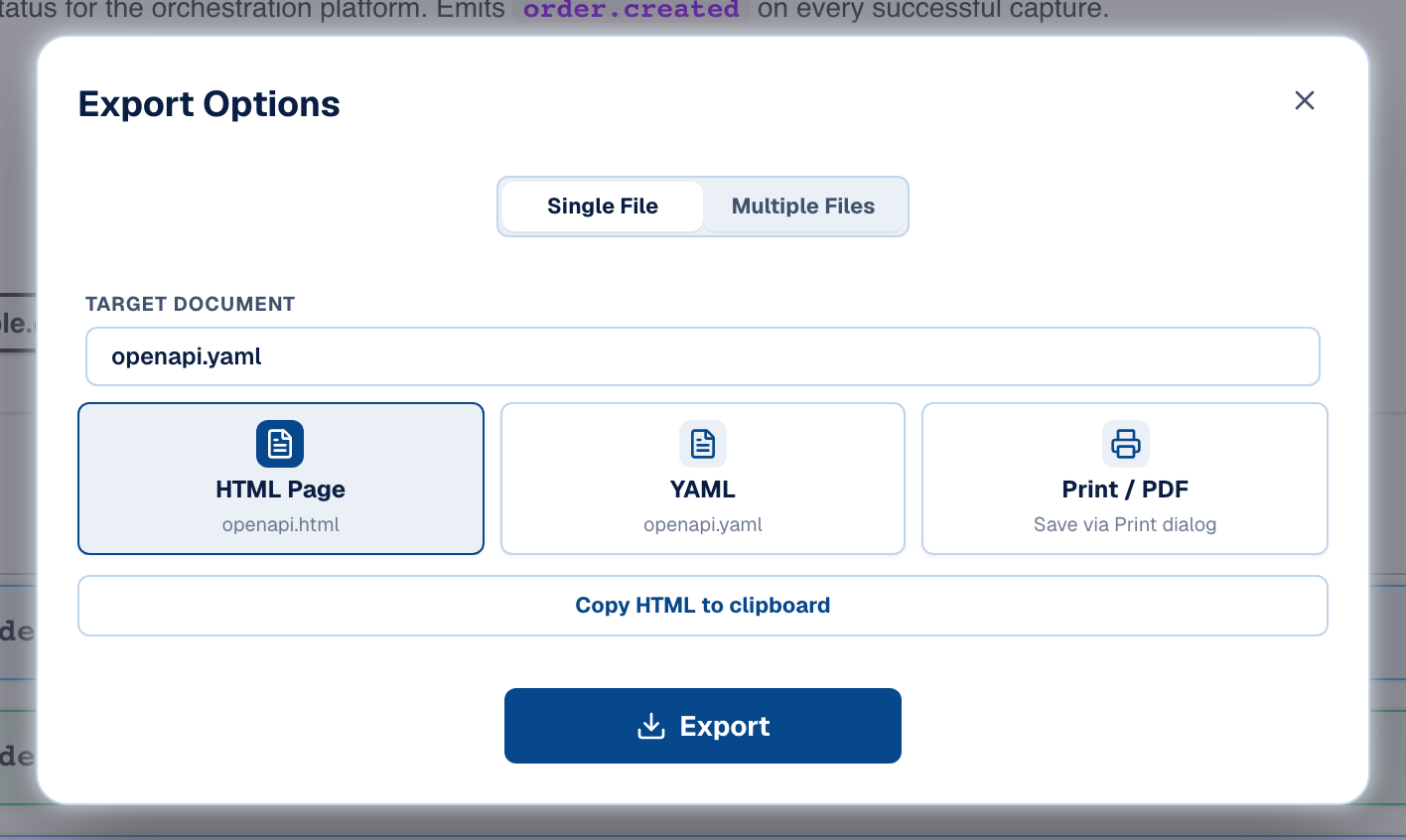 The Export Options dialog on its Multiple Files tab, showing the All Interlinked Wiki option selected with a one-line description: "Every document becomes a standalone HTML page with an index and working links between documents"