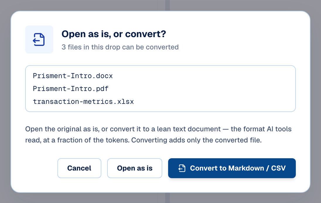 Word, PDF and Excel in Prisment: Read Them in Place, Convert Them for Your AI Tools