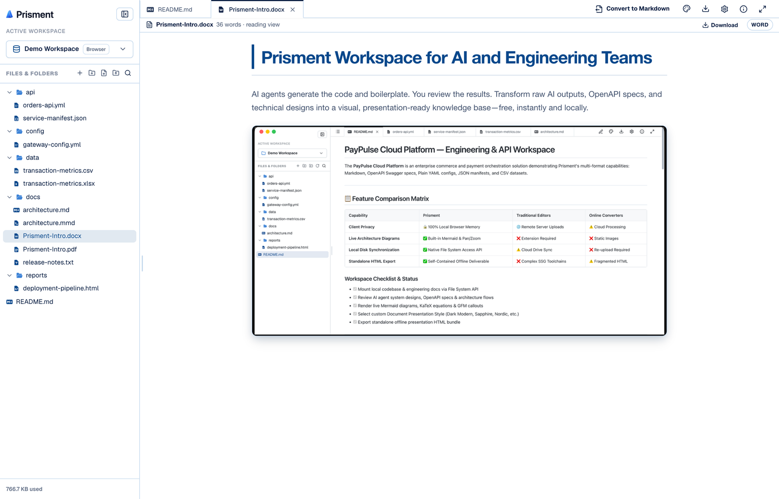 Prisment showing Prisment-Intro.docx as a rendered document: the file tree on the left lists it beside a PDF and an Excel workbook, the document heading and body text fill the pane with an embedded screenshot below them, and the top bar carries a Convert to Markdown action, a Download button and a WORD badge.