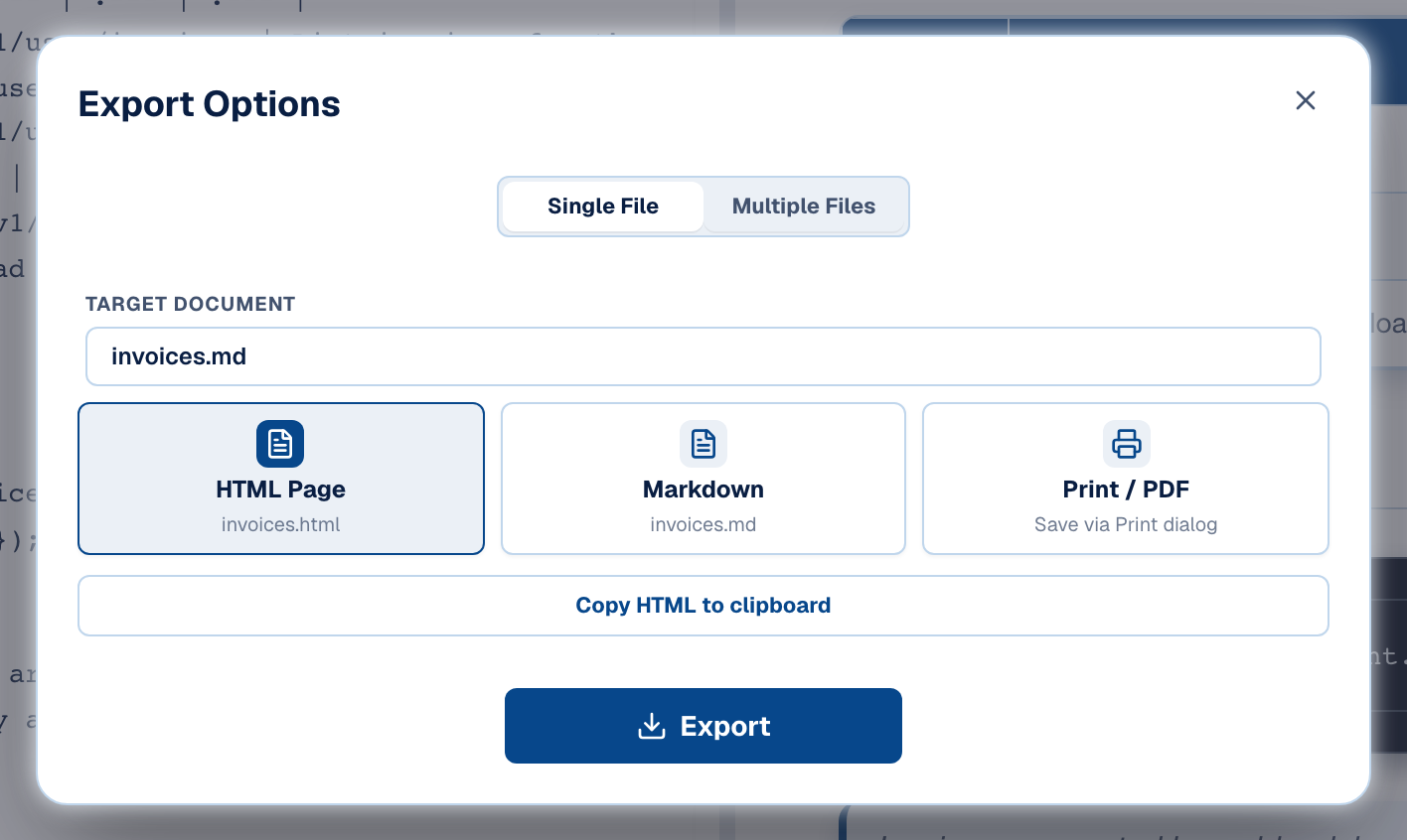 The Export Options dialog on its Single File tab, offering an HTML Page, the Markdown source, and Print / PDF for the open document