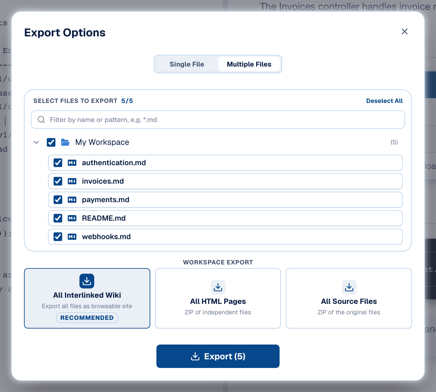 The Export Options dialog on its Multiple Files tab: six Markdown files checked in the workspace tree with a name-or-pattern filter field above, and the three workspace options below — All Interlinked Wiki (recommended), All HTML Pages and All Source Files, above an Export (6) button