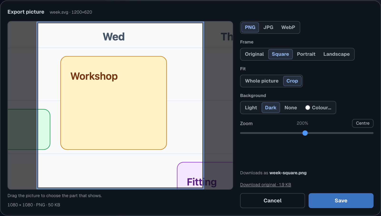 The Export picture dialog set to Square and Crop at 200 percent zoom: on the left the picture shown faintly with a bright square window over one block of it, on the right the formats, frames, Fit, the Background, a Zoom slider with a Centre button below it, and Save.