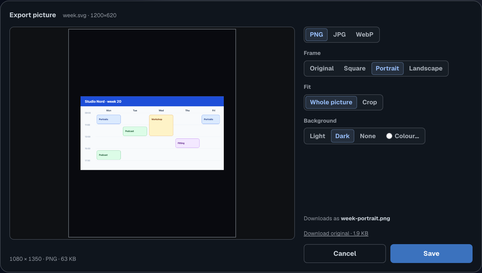 The Export picture dialog set to PNG, Portrait, Whole picture on a Dark ground: on the left a wide week view centred in a tall dark frame with the file's size under it, on the right the options and the name it downloads as.