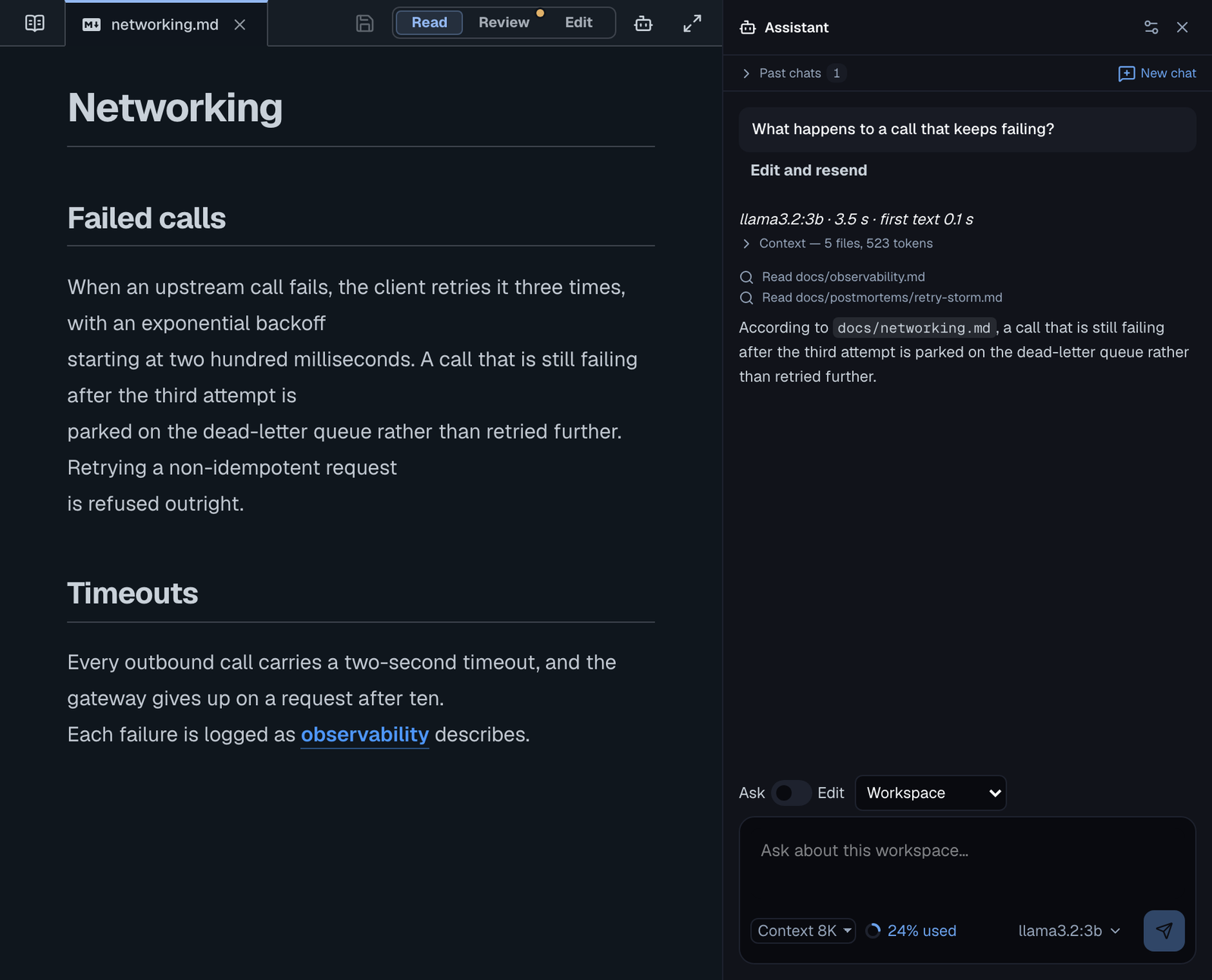 The assistant panel after a question about a call that keeps failing: the model's name and timing, the line Context — 5 files, a Read line naming docs/observability.md, and an answer citing docs/networking.md — the lines a person reads each answer against