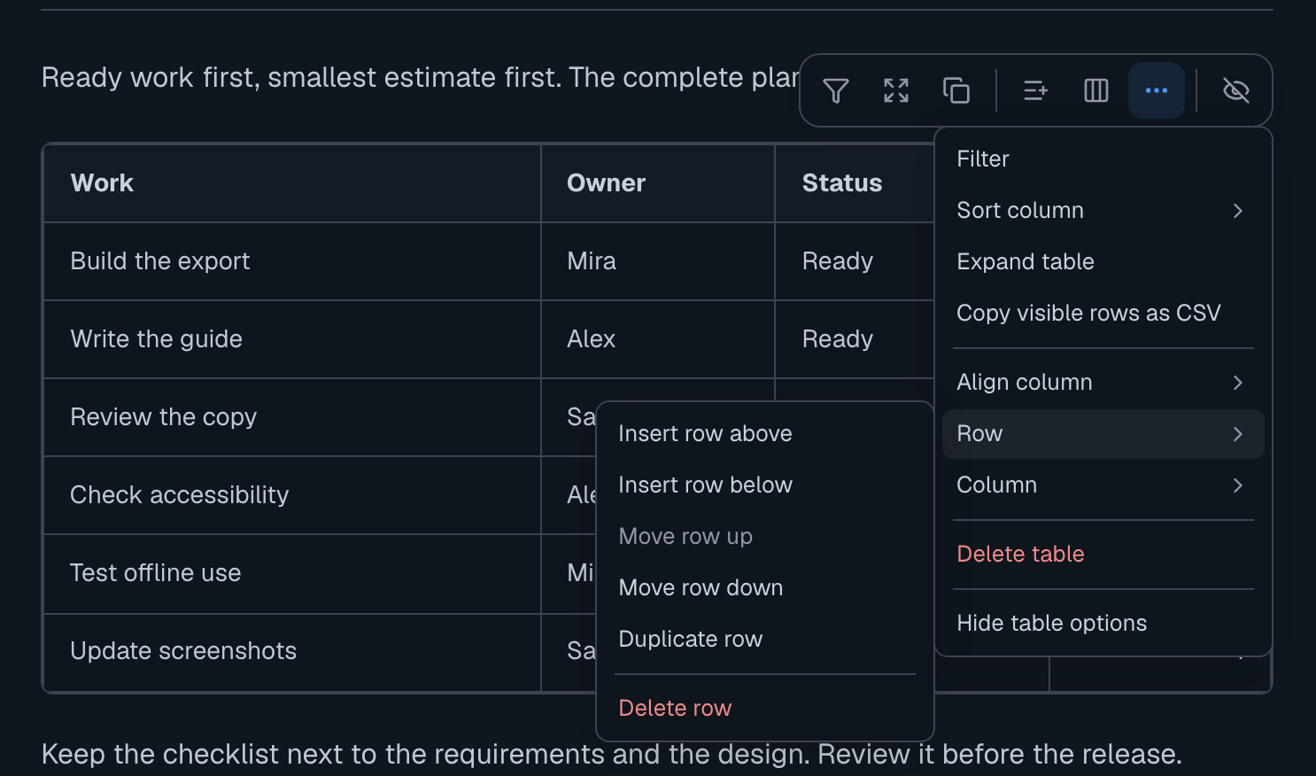 The table in Edit with its three-dot menu open and the Row submenu showing insert, move, duplicate and delete actions.