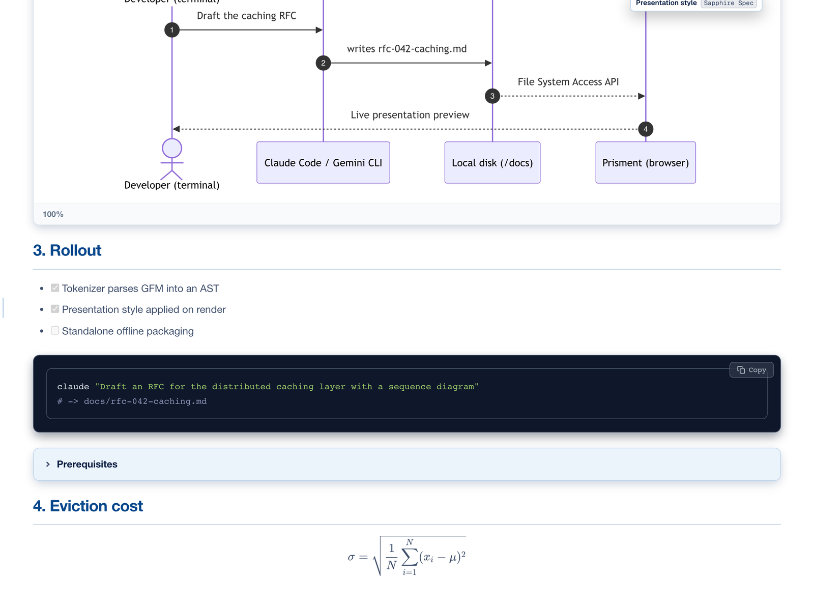 A rendered document in Sapphire Spec: a live sequence diagram above its 100% zoom indicator, a task checklist with two items ticked and one unticked, a syntax-highlighted shell command with a Copy button, a collapsed Prerequisites section, and a KaTeX standard-deviation formula