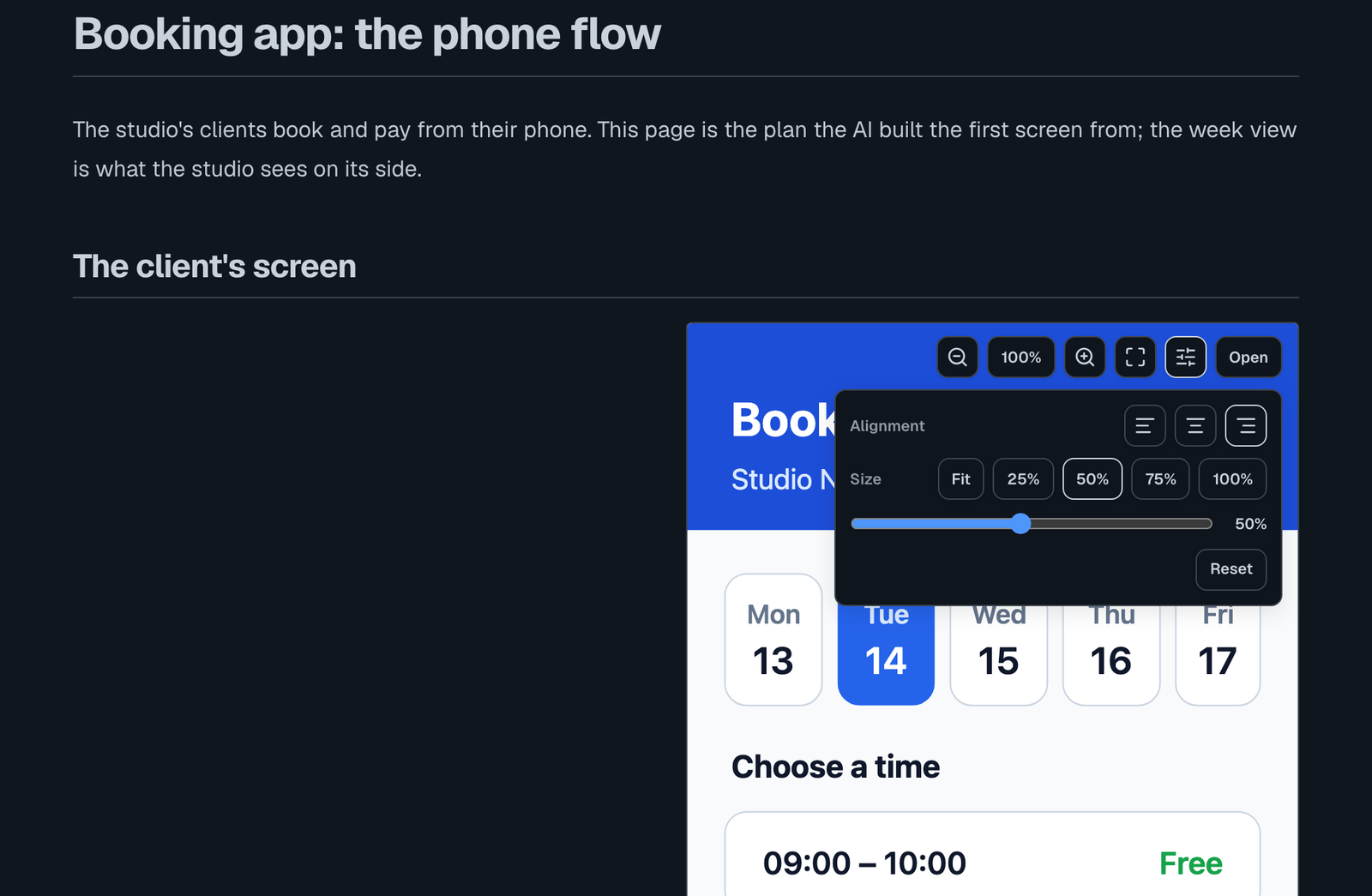 A tall booking screen aligned right at half the column, with its options open: zoom, full screen, copy, Size and alignment and Open, and a panel with three alignment buttons, the sizes Fit, 25, 50, 75 and 100 percent, a slider at 50 percent and Reset.
