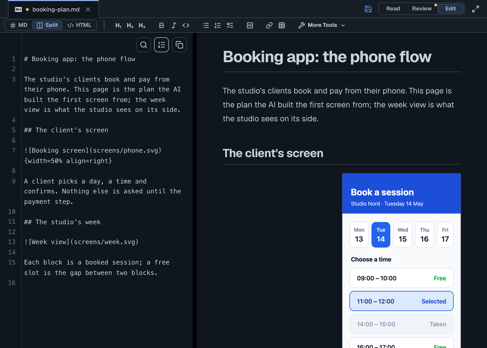 The Markdown on the left shows the picture line followed by width=50% align=right in braces; on the right the page shows the picture at half the column, on the right.