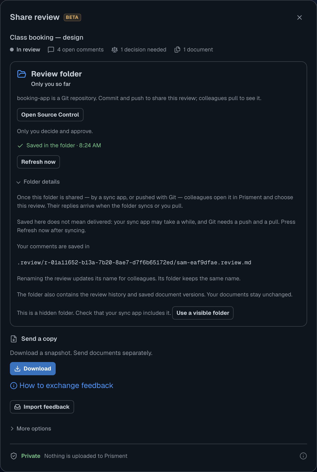 The Share card for a Git folder: booking-app is a Git repository, commit and push to share, Open Source Control, and the path of the review's file under .review