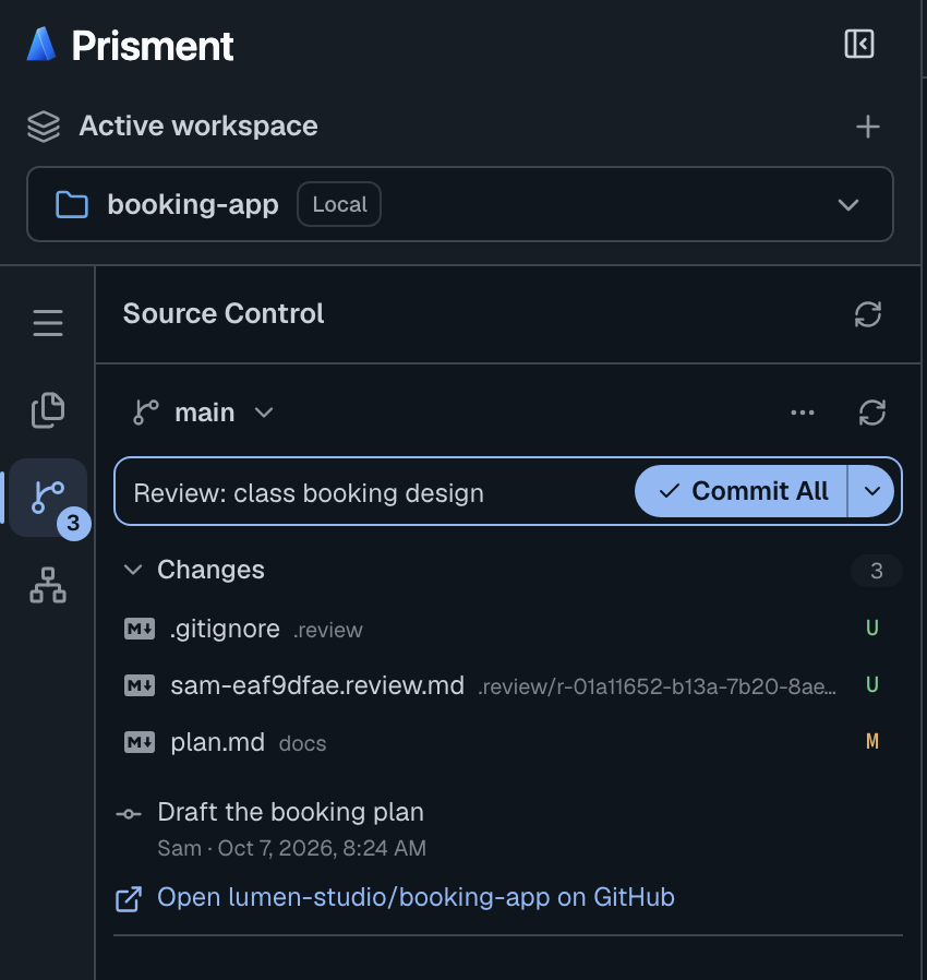 Source Control in the desktop app: the review's two new files and the edited plan listed as changes, a commit message typed, and the Commit All button