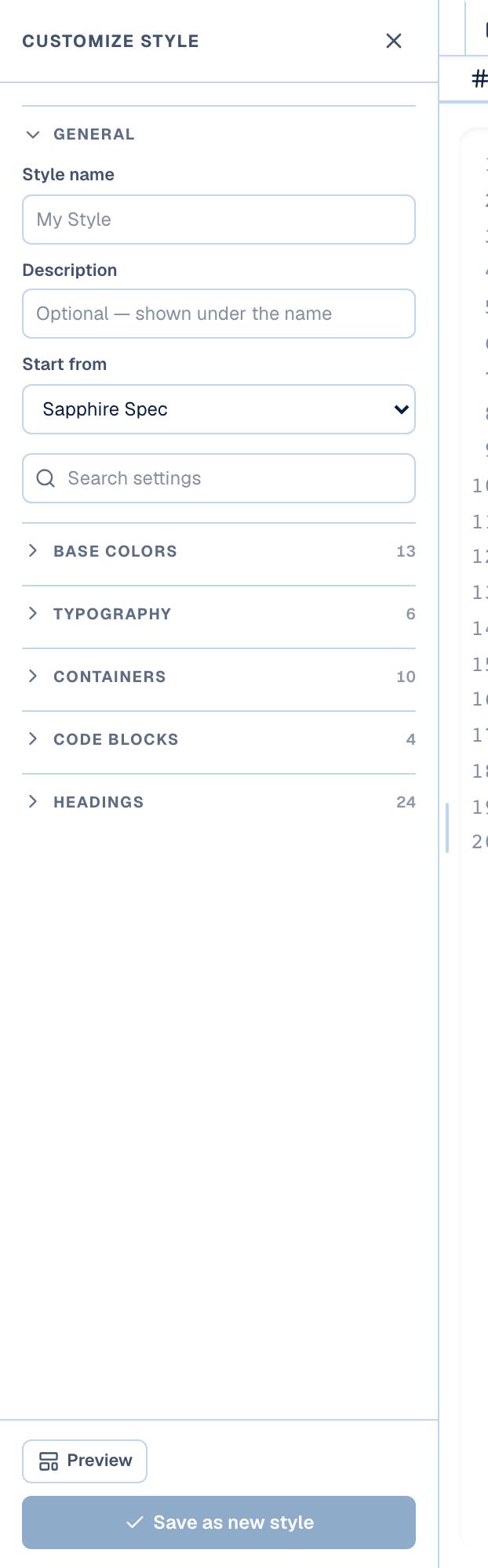 The Headings group in the style customizer, with H2 selected and its Decoration dropdown open showing from base, Plain, Underline, Left rule (highlighted), Left rule + underline, Box and Accent bar