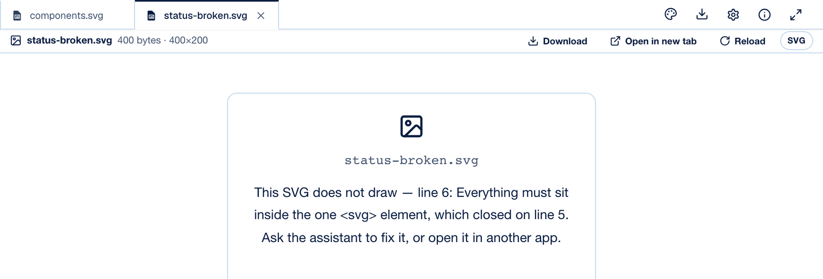 Prisment showing status-broken.svg: This SVG does not draw — line 6: Everything must sit inside the one <svg> element, which closed on line 5. Ask the assistant to fix it, or open it in another app.
